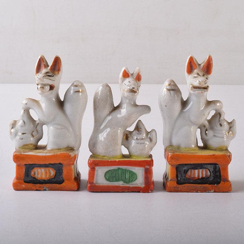 陶器製 色絵金彩 お稲荷さん 狐 3点まとめて M R8593