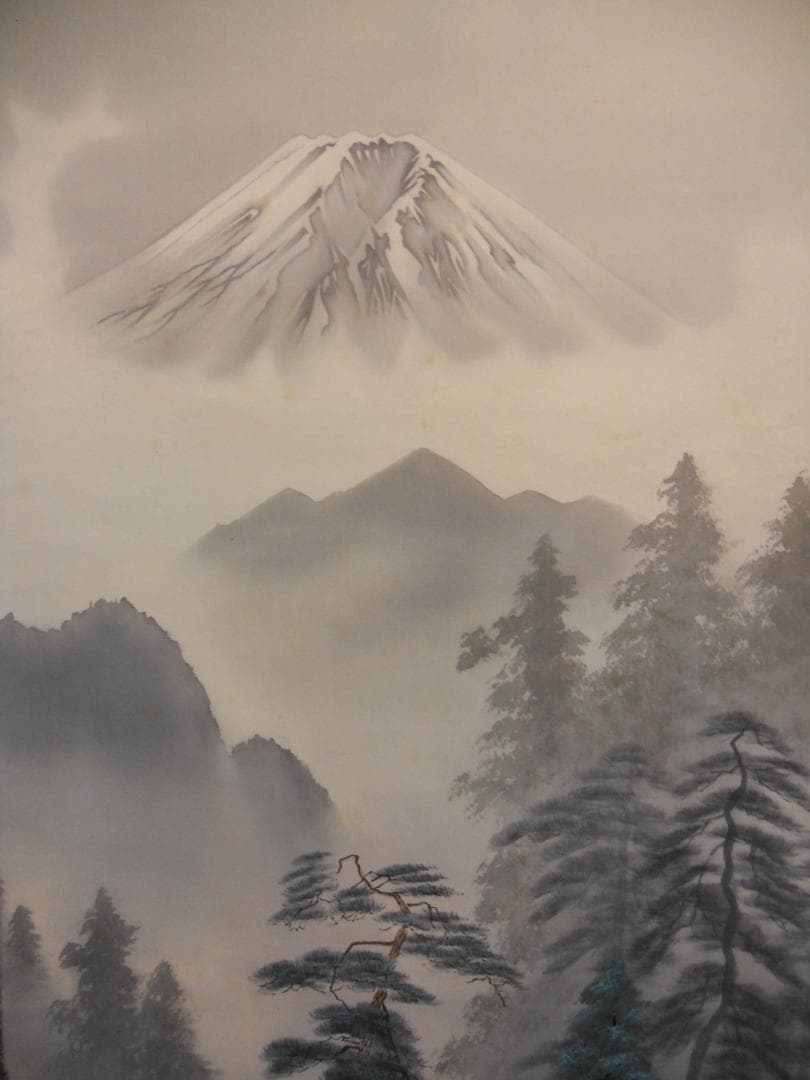 掛け軸 忠義 彩色山水 絹本 希少 軸装 茶道具 掛軸 美品 二重化粧箱