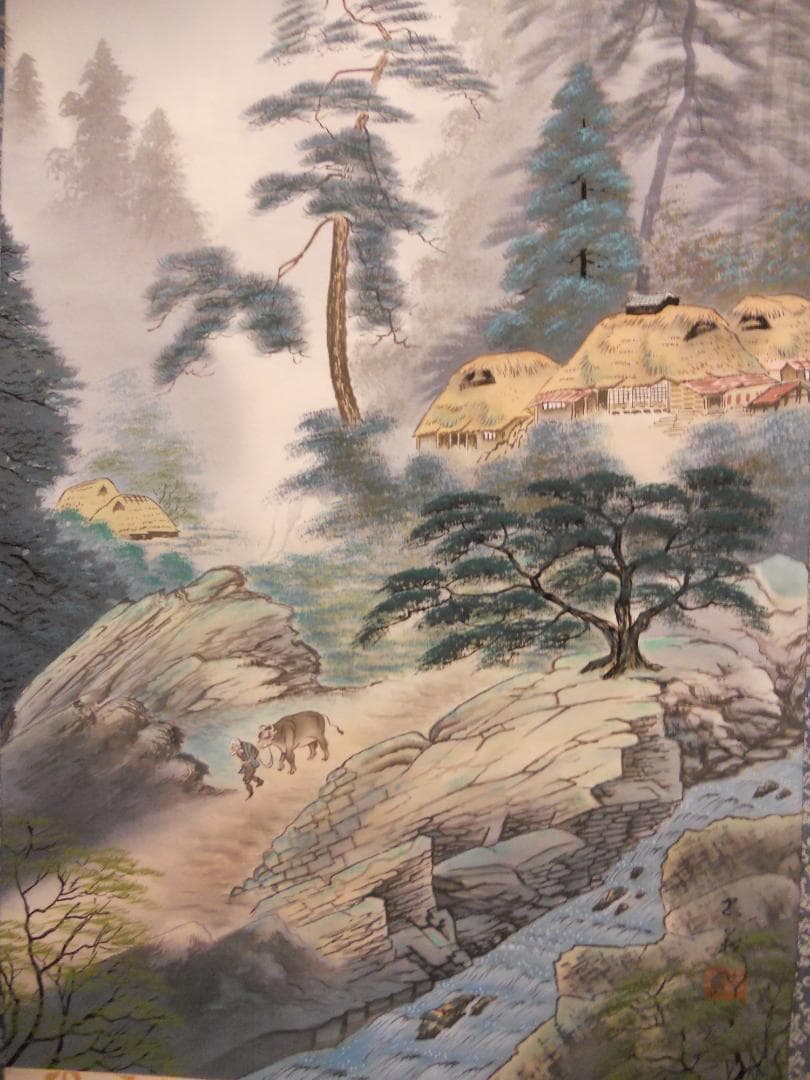 掛け軸 忠義 彩色山水 絹本 希少 軸装 茶道具 掛軸 美品 二重化粧箱