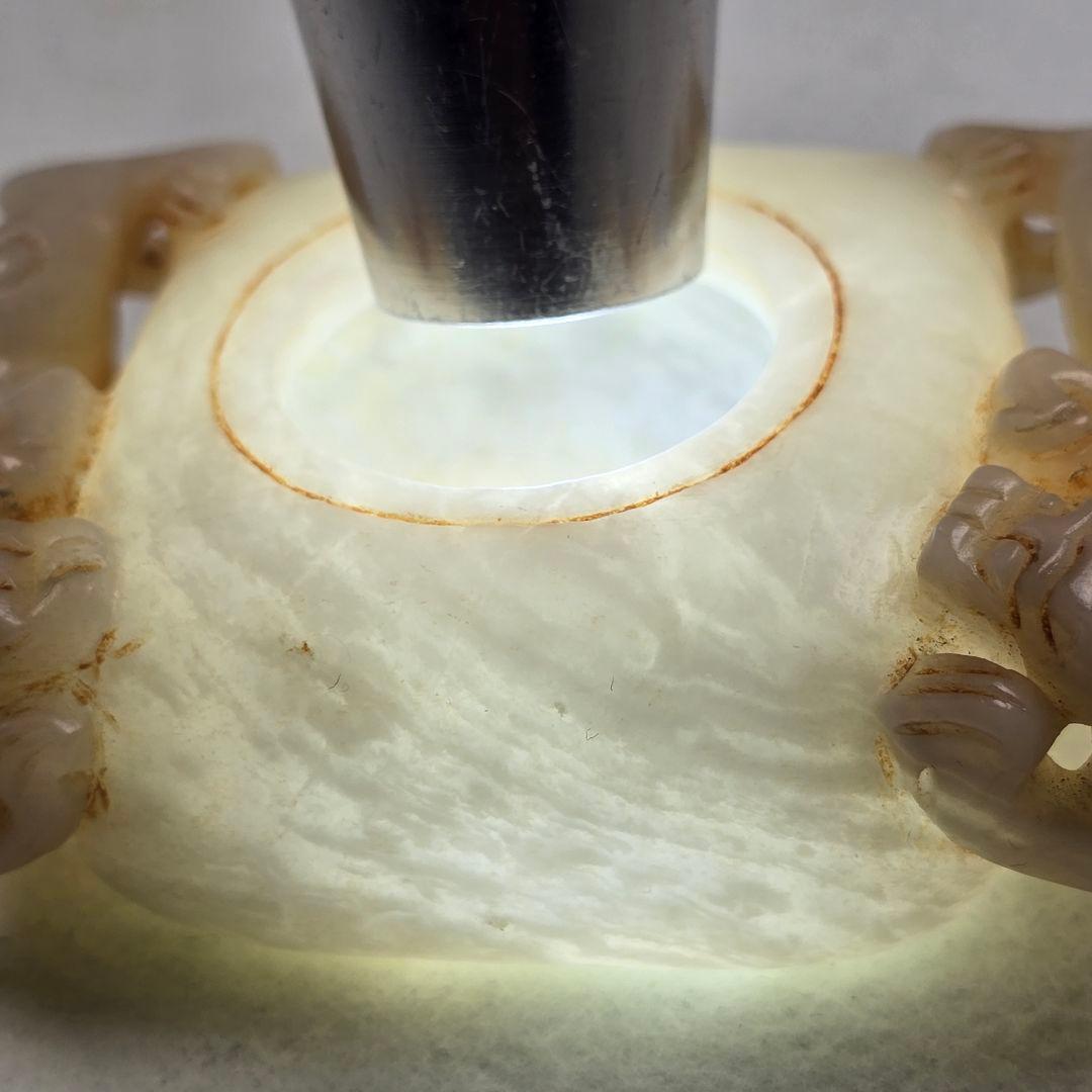 古文房具 本物和田白玉 原石 手彫 清代 双龍出郭 筆洗 筆