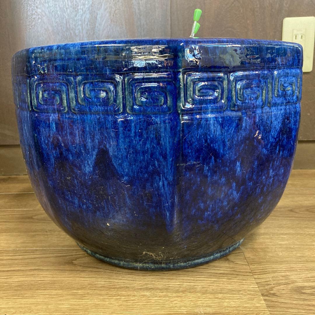 棚下 【希少・美品】大型 火鉢 陶器製 瑠璃釉 浮き彫り文様 メダカ鉢