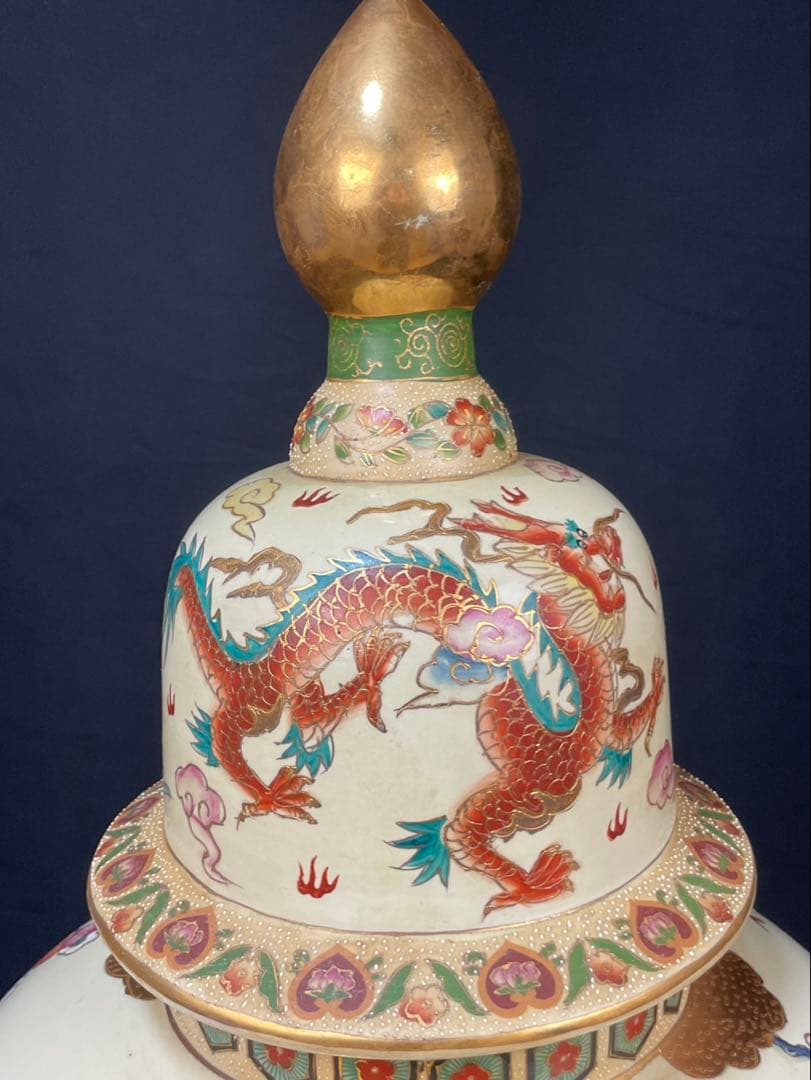 薩摩 沈香壺 龍 花鳥図 高さ約107cm 飾壺 特大花瓶 牡丹 孔雀 金彩