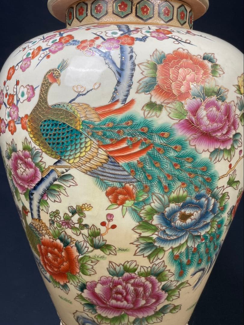 薩摩 沈香壺 龍 花鳥図 高さ約107cm 飾壺 特大花瓶 牡丹 孔雀