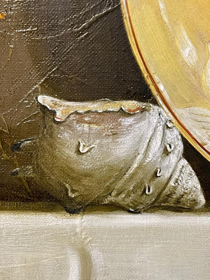 真作」西村有史「九谷辛夷文輪花皿」静物画油彩画額装サイン有りF8号