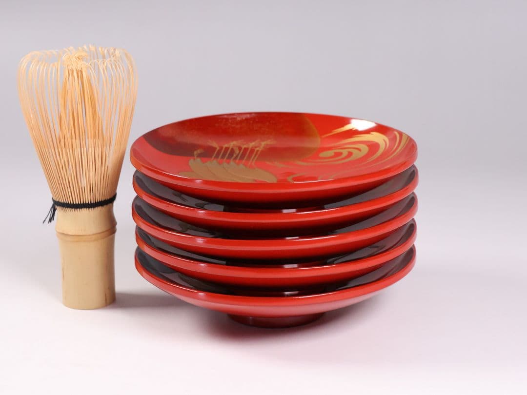 CM373】時代木製漆器 光琳写 金蒔絵 群鶴図 朱塗 引盃 五