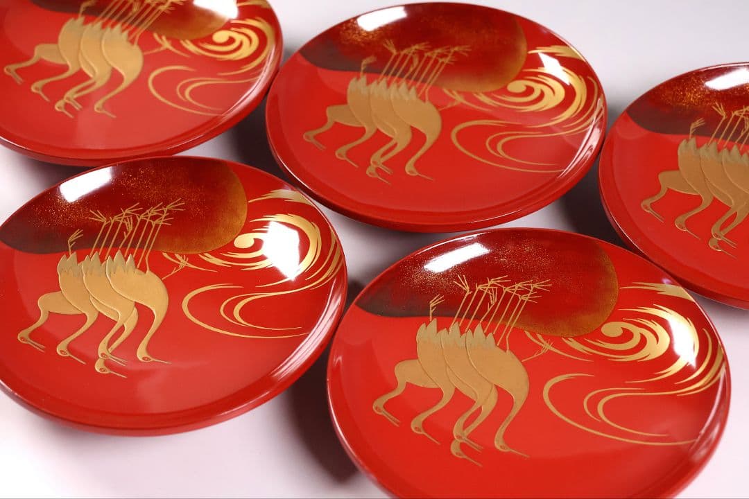 CM373】時代木製漆器 光琳写 金蒔絵 群鶴図 朱塗 引盃 五