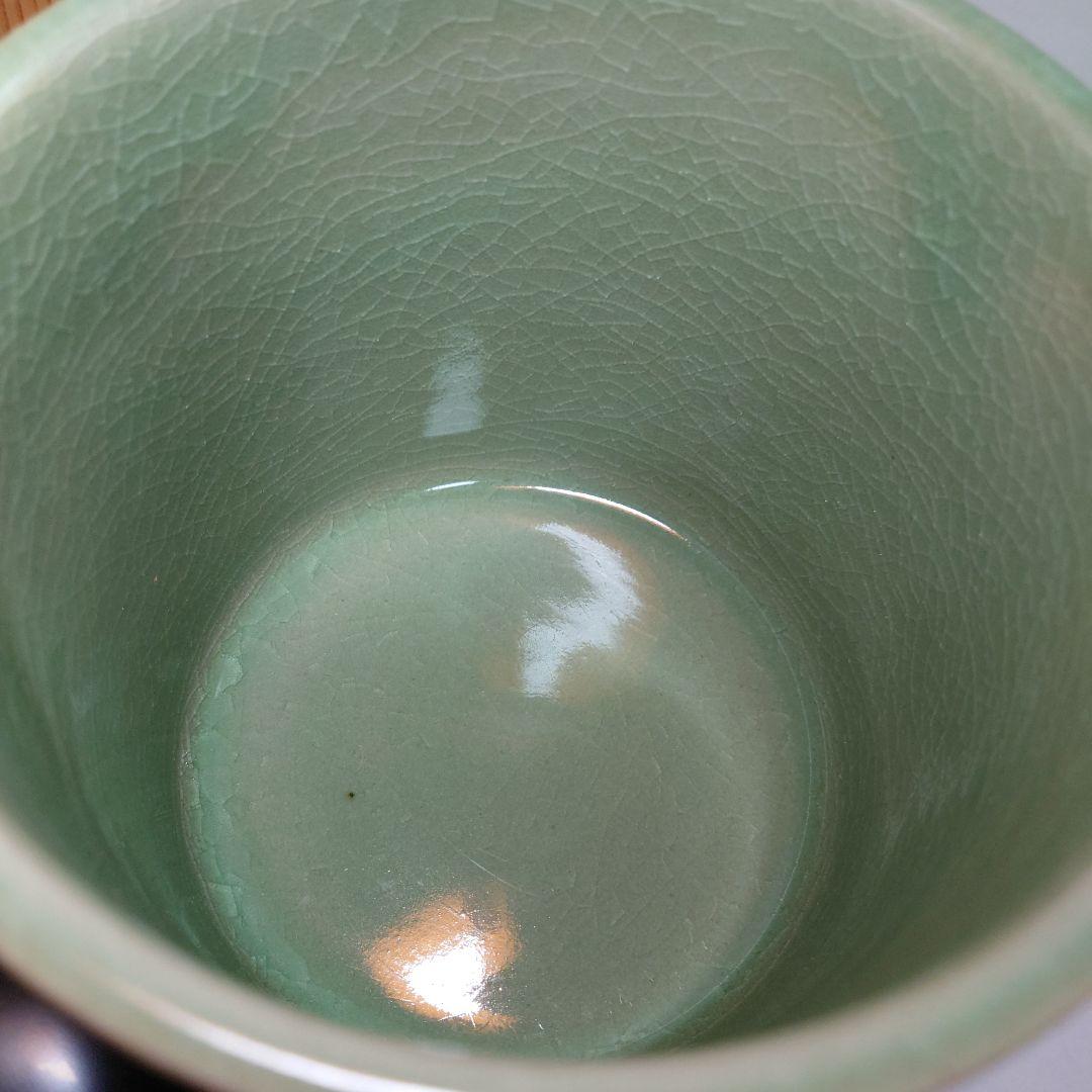 樹窯 川合正樹 青磁鶴雲文水指 共箱