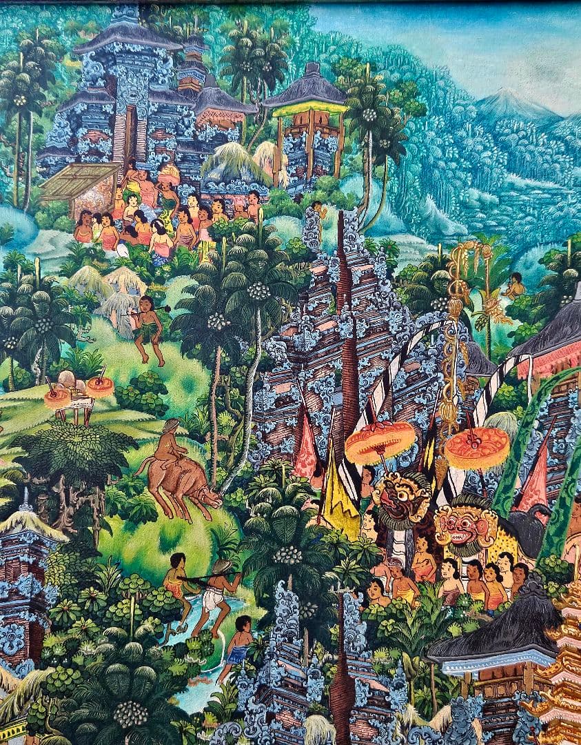 バリの風景 油彩画 PADE KETUT BONGKASO 寺院お祭り図 額装