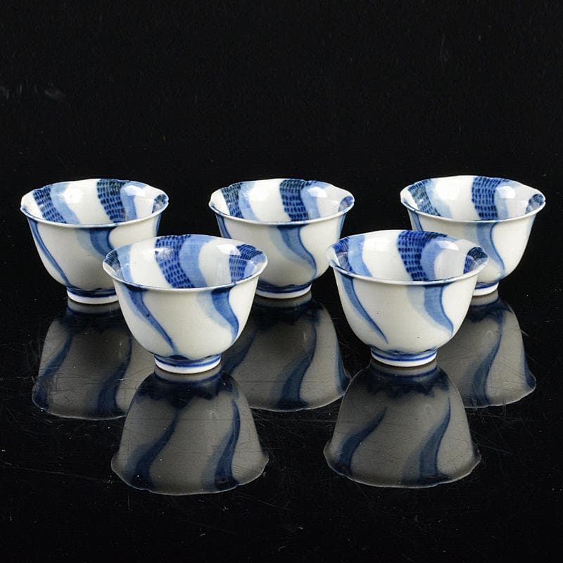 永楽善五郎造 染付 捻り文 煎茶碗 五客 時代箱付 V