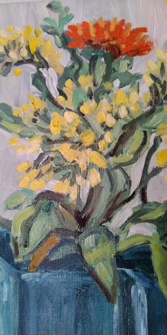 青い花瓶の花の油彩画