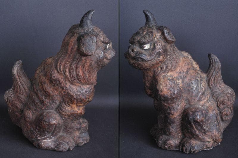 時代 焼物 優品!!『狛犬 阿吽一対』高 阿形23㎝ 吽形26㎝