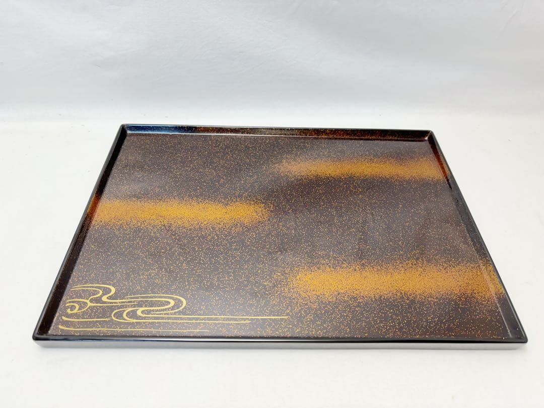 未使用 懐石道具 輪島塗 木製黒真塗 金梨地 波蒔絵 卓上膳 会席膳 5客揃共箱