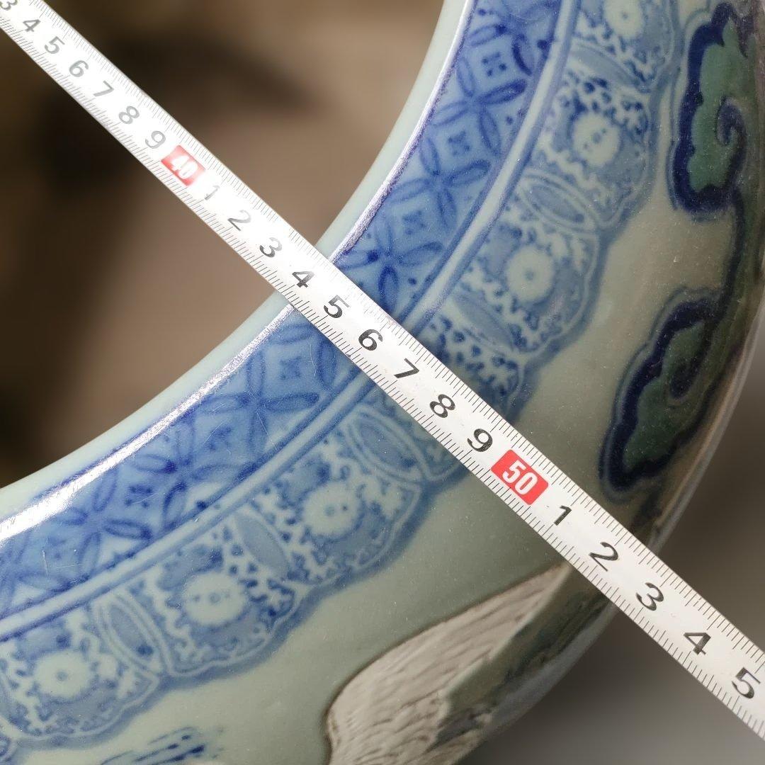 青白い雲模様の陶器火鉢 白鳥 丹頂鶴