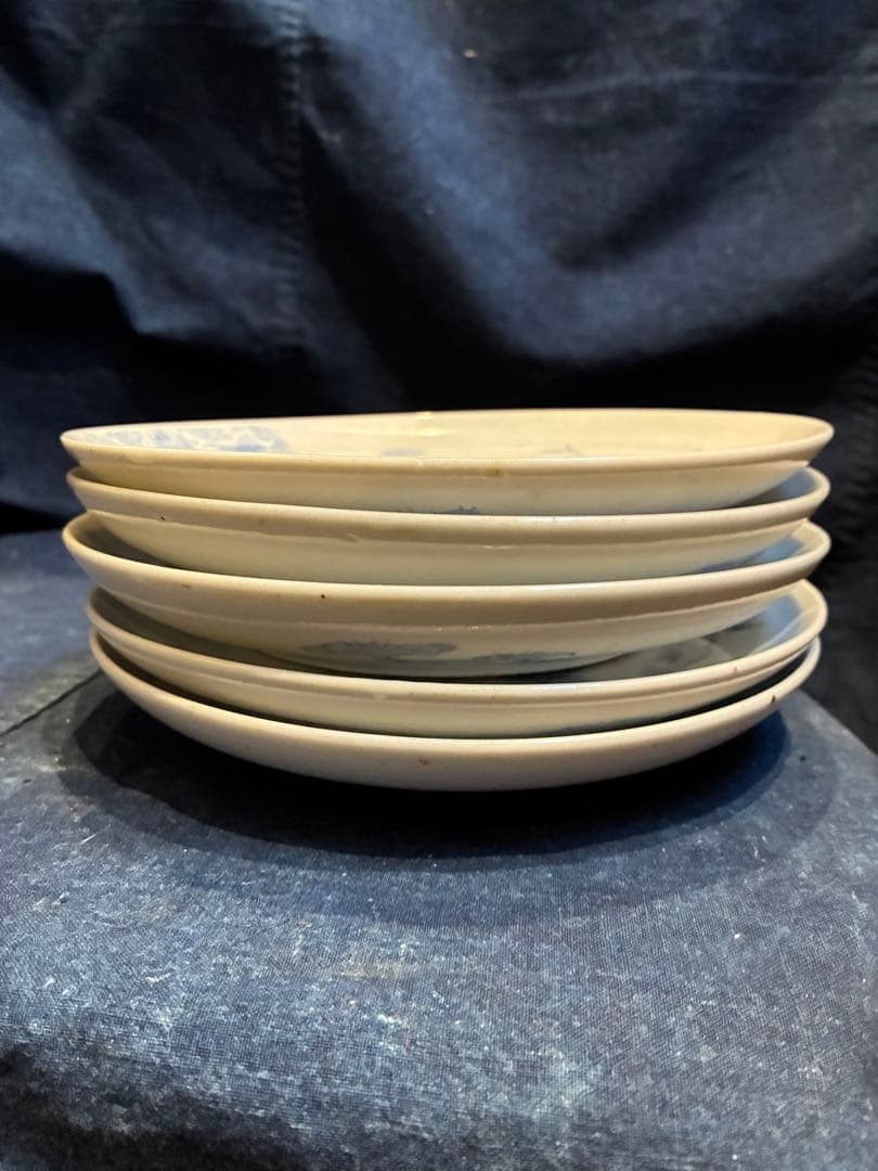 古伊万里写し　十二代武村利左衛門　染付七寸皿　5枚　傷無し金魚と丸紋