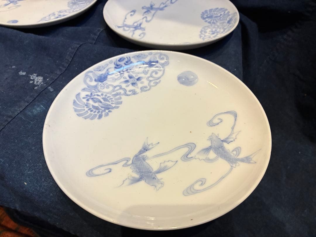 古伊万里写し　十二代武村利左衛門　染付七寸皿　5枚　傷無し金魚と丸紋