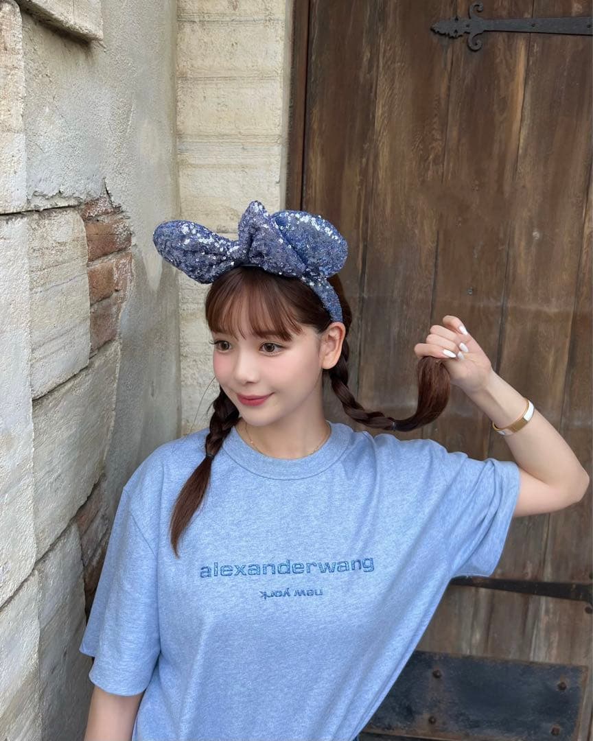 アレキサンダーワン ブルー ラメグリッター ロゴTシャツ