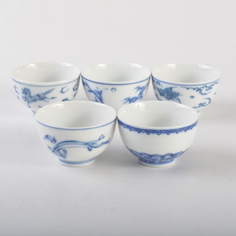 煎茶道具 賣茶好 染付 絵変 干支 煎茶碗 五客 共箱