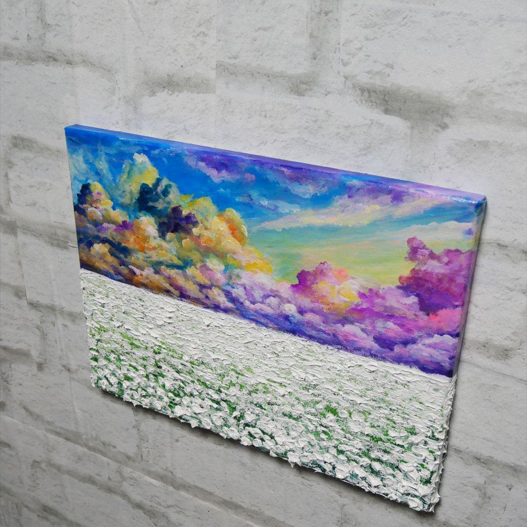 油絵 油彩 油彩画 絵 絵画【朝焼けの草原に咲く白い花と朝日】