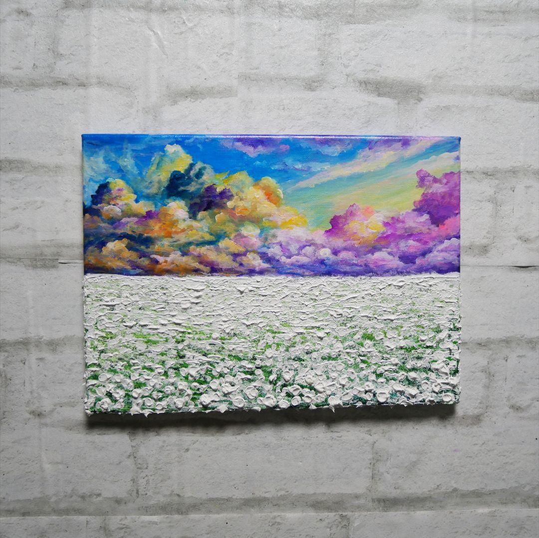 油絵 油彩 油彩画 絵 絵画【朝焼けの草原に咲く白い花と朝日】