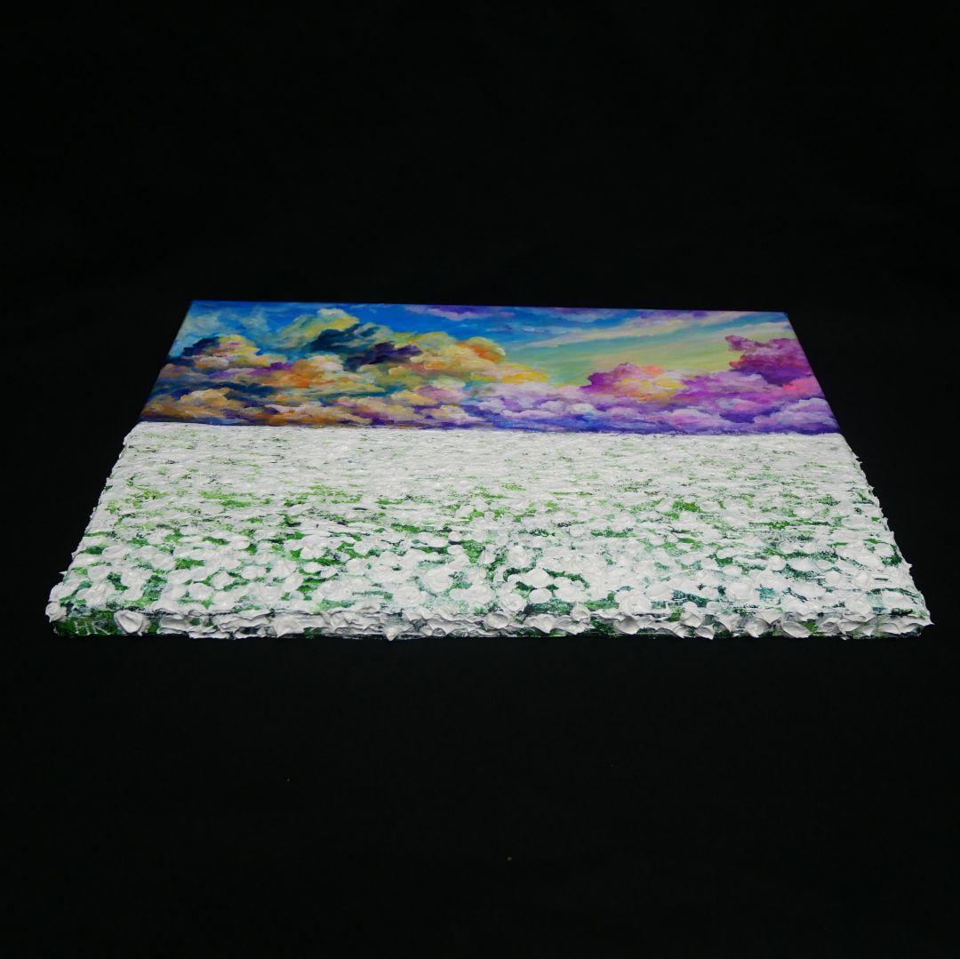 油絵 油彩 油彩画 絵 絵画【朝焼けの草原に咲く白い花と朝日】