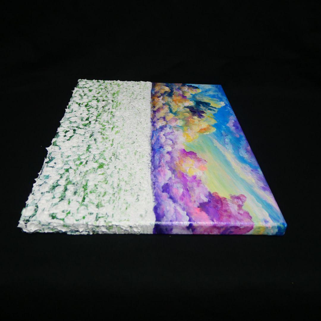 油絵 油彩 油彩画 絵 絵画【朝焼けの草原に咲く白い花と朝日】