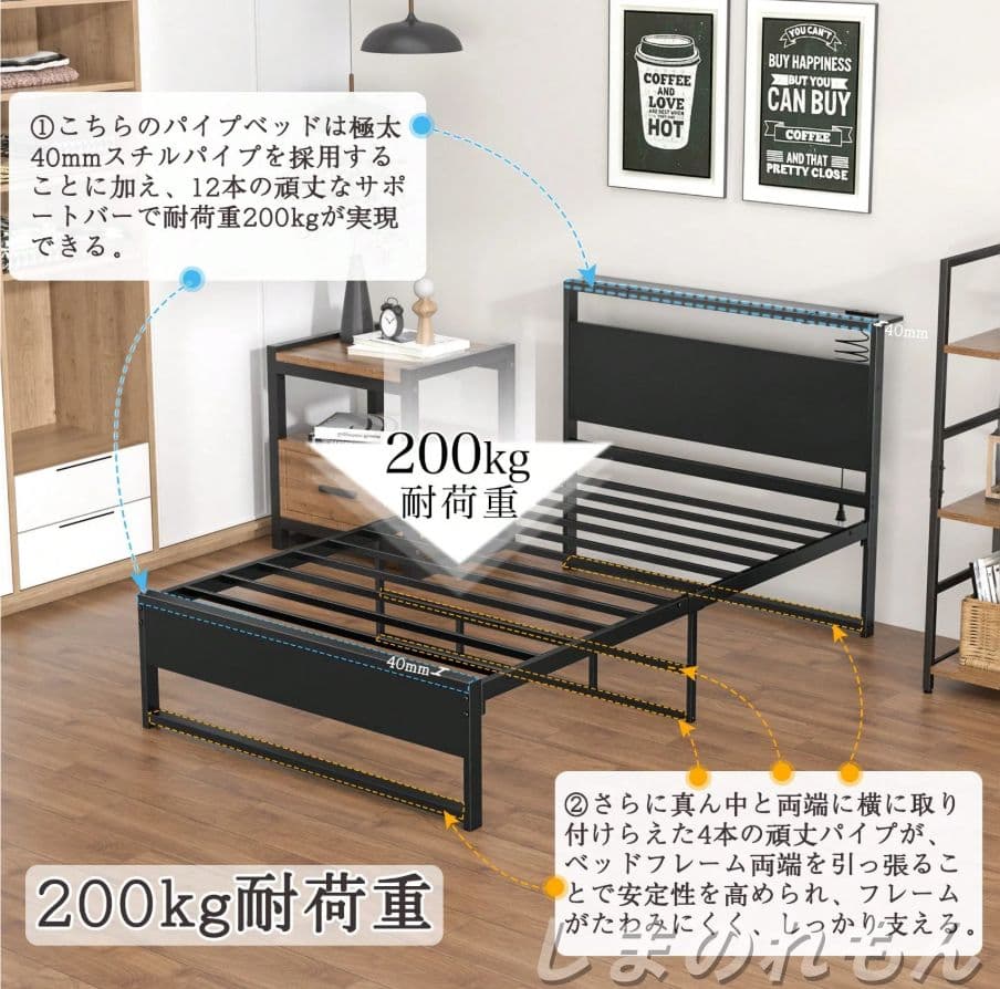 シングルパイプベッドフレーム 耐荷重 200kg 送料無料 組立簡単