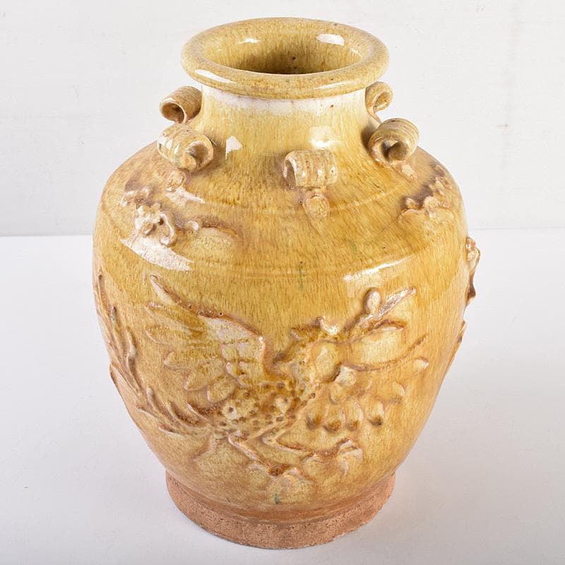 中国 黄釉 貼龍鳳凰文 六耳瓶 C R7669B - メルカリ