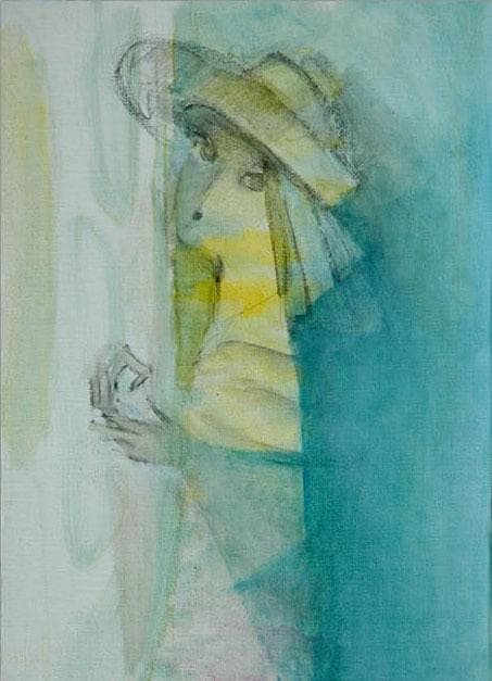 油絵 菅家令子 絵 絵画インテリア額付(青緑＋金色の枠) F4-071012