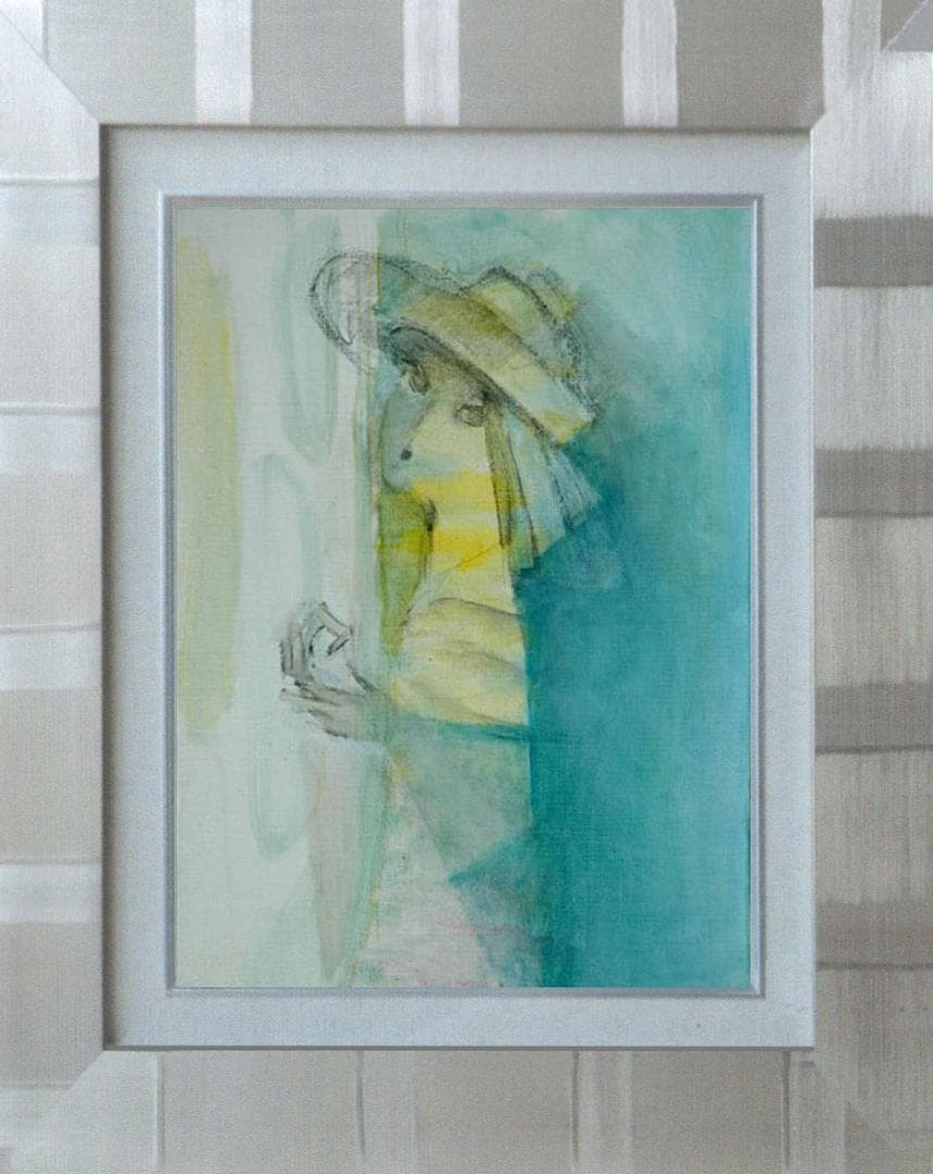 油絵 菅家令子 絵 絵画インテリア額付(青緑＋金色の枠) F4-071012