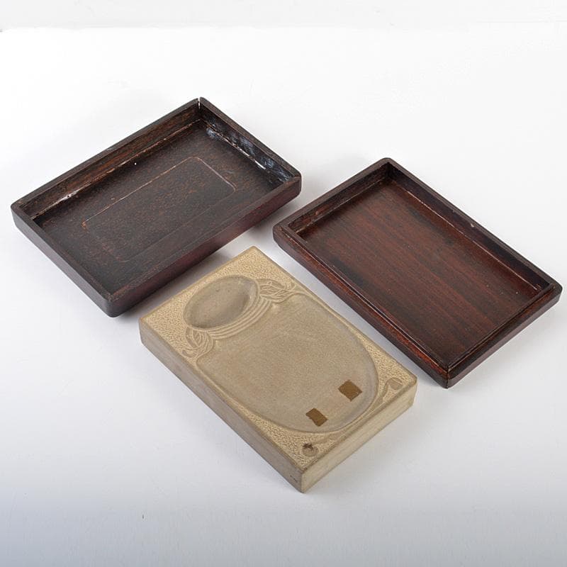 中国 書道具 花瓶刻 端渓硯 唐木箱付 C 6184