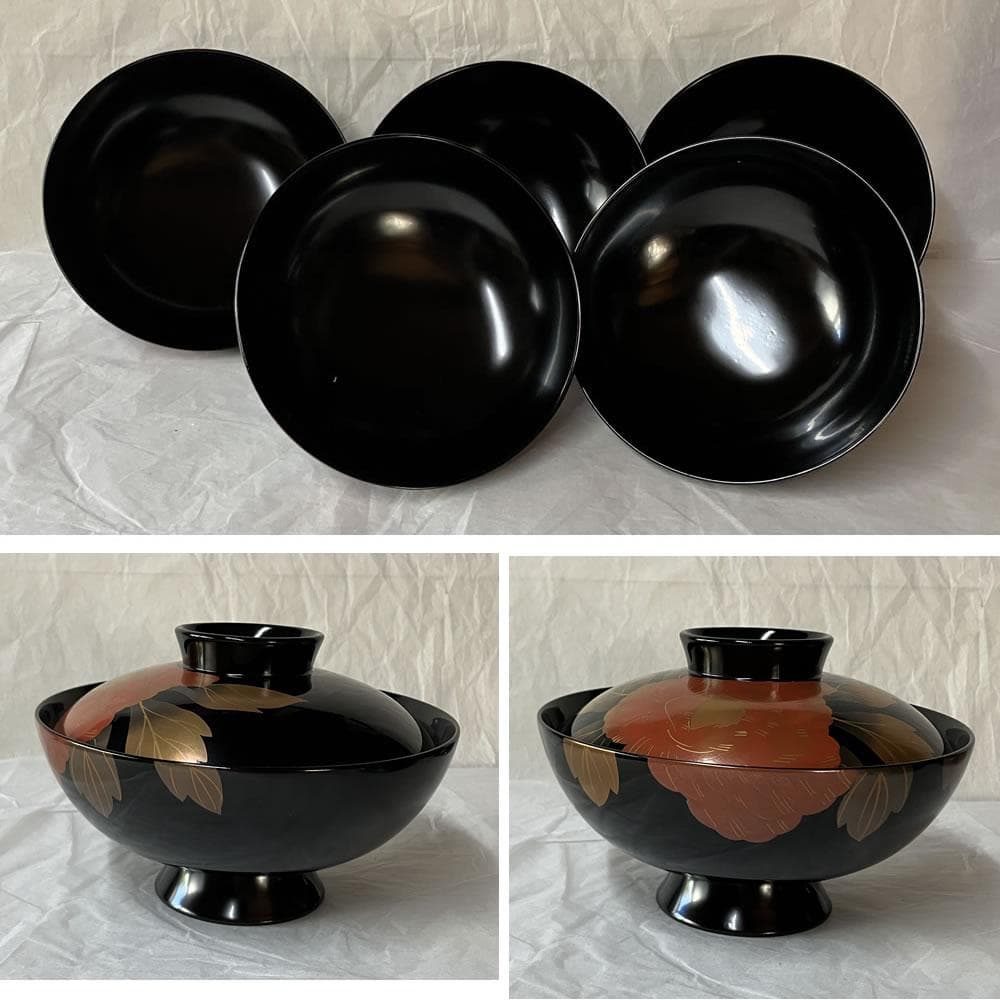 F1404 輪島塗 蒔絵 吸物椀 五客 共箱 木製 漆器 懐石道具