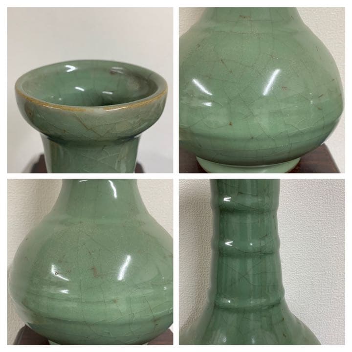 中国古美術 宋時代龍泉窯弦紋瓶，共箱： C-3-3 中国古美術 宋時代龍泉