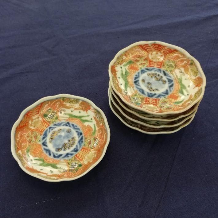 B_古伊万里 金襴手 鶴亀文　小皿５客