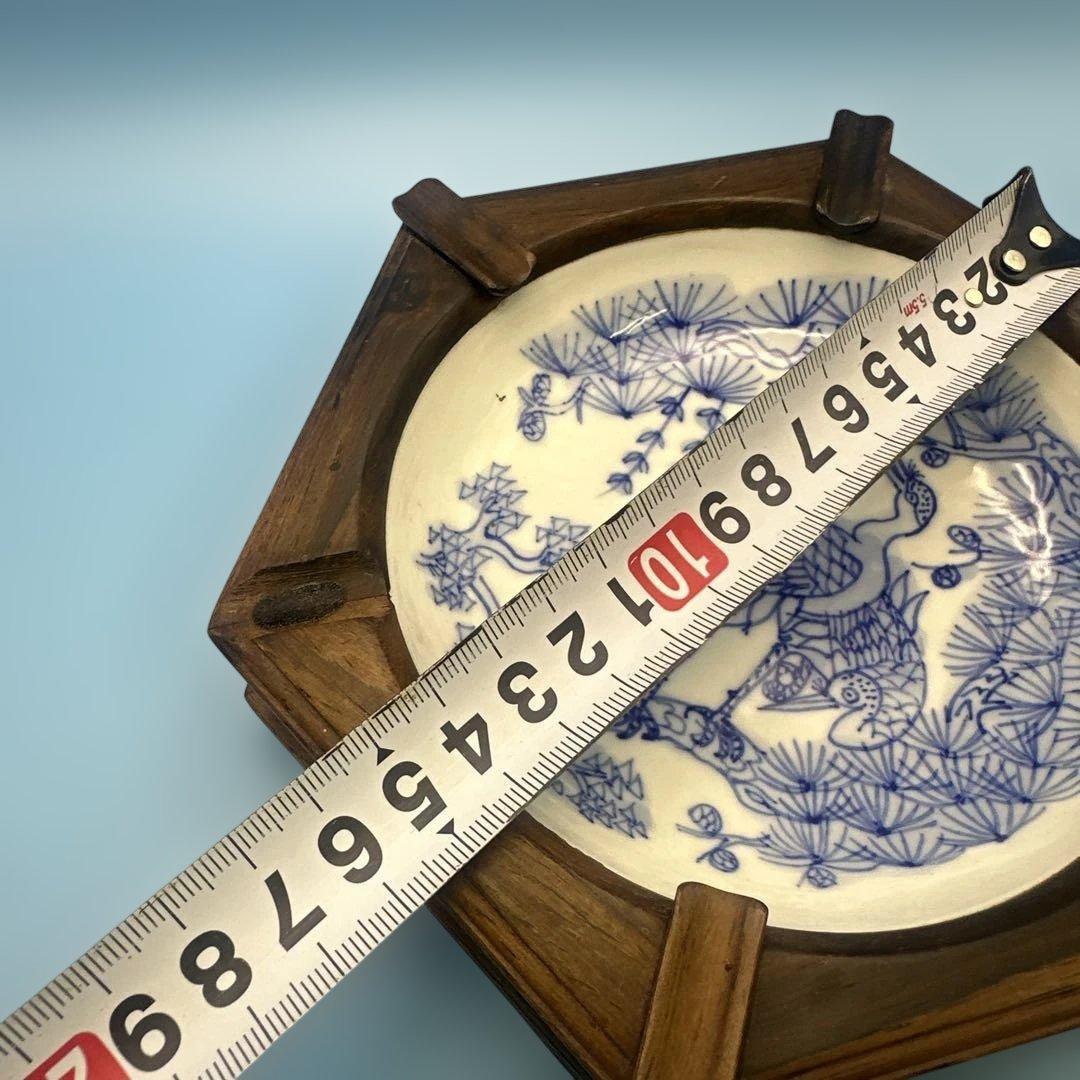 唐木 中国 灰皿 置物 アンティーク 青い鶴の陶器皿 六角形 木製