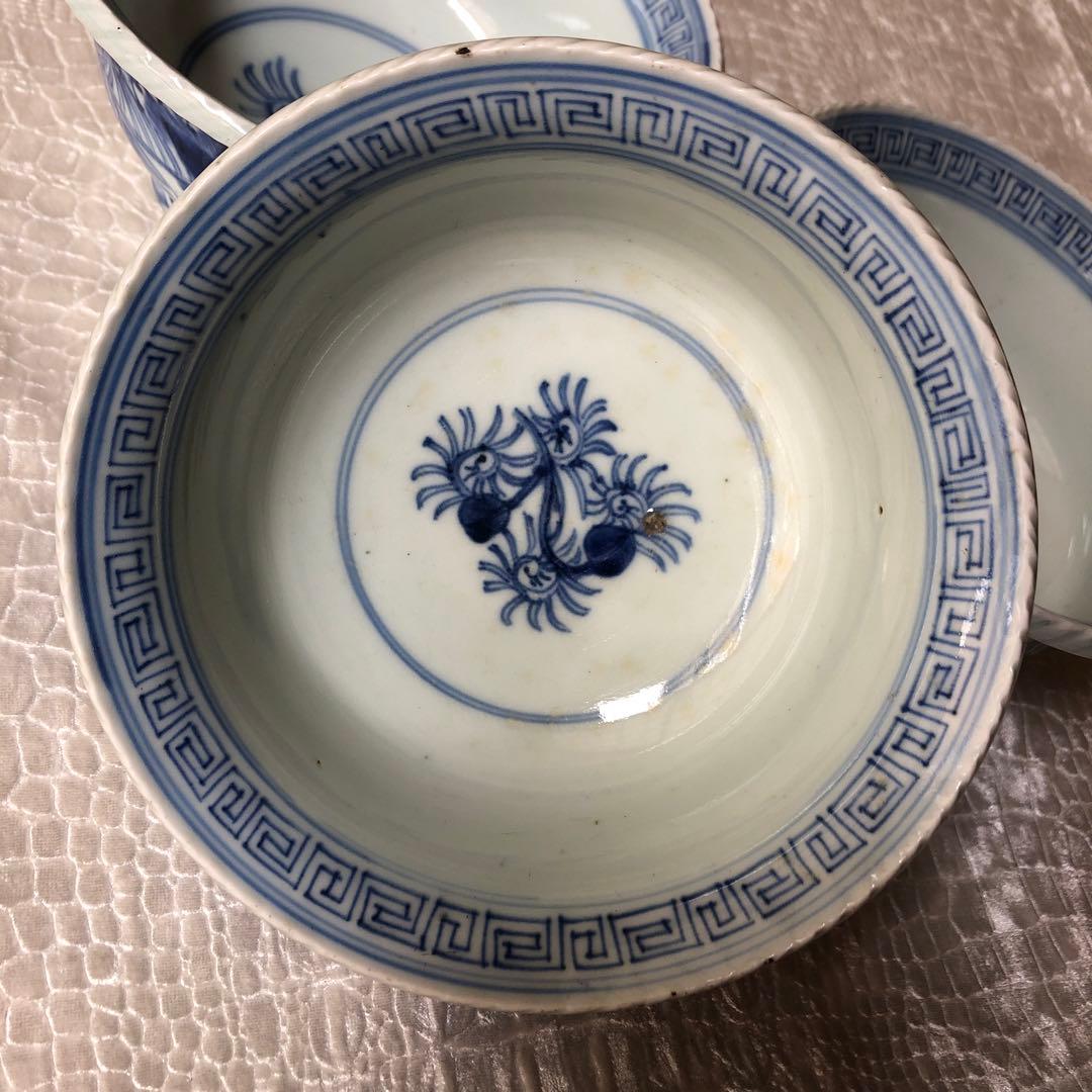 古伊万里 染付 花唐草文鉢　３客　江戸後期