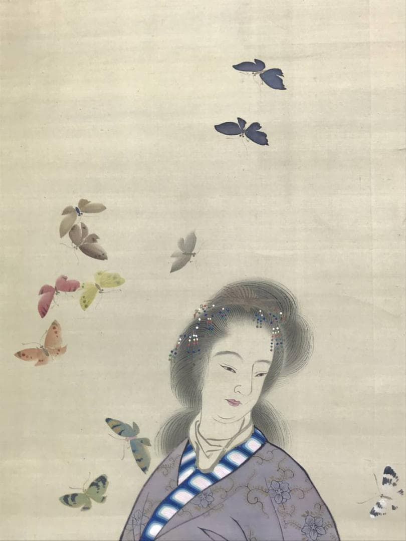 【真作】義原一窓/唐美人に蝶図/美人図/掛軸☆宝船☆AD-602