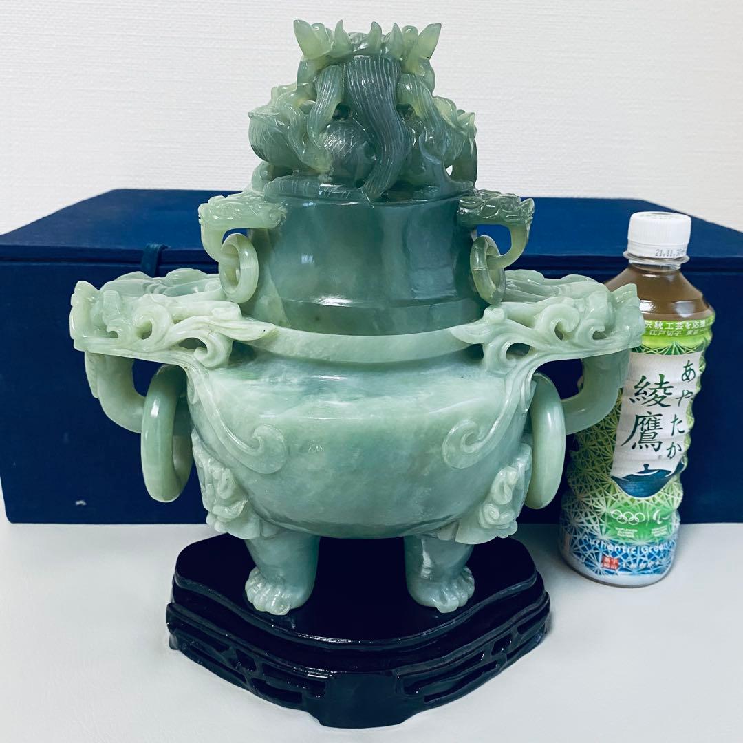 翡翠 置物 龍 彫刻 台座付き 香炉 特大サイズ 中国美術 ヒスイ