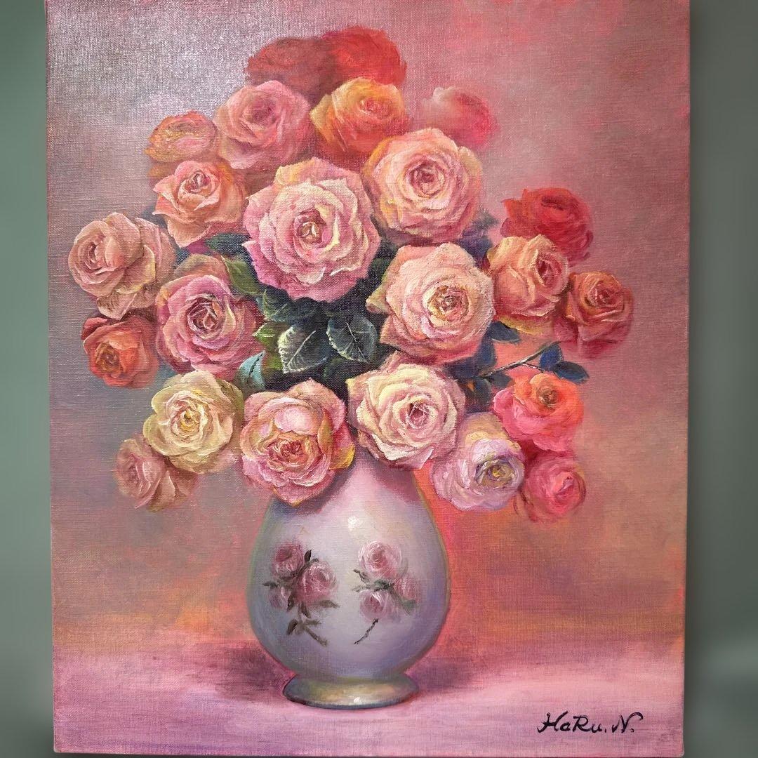 真作　肉筆　キャンバス油彩絵画　薔薇　静物画　新品額縁　インテリア　作家証明書付