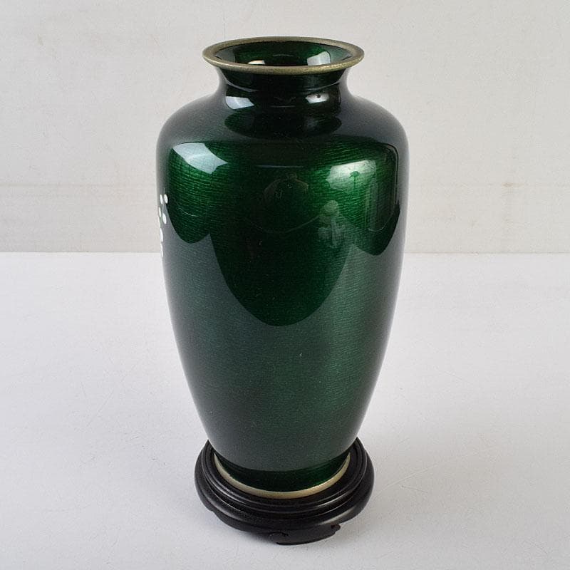 七宝焼 安藤七宝店 緑透釉 四君子文 花瓶 唐木台付 共箱 M