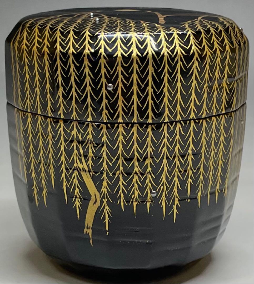 吉田一峰 認得斎好写 折撓柳蒔絵棗 四方桟共箱 栞