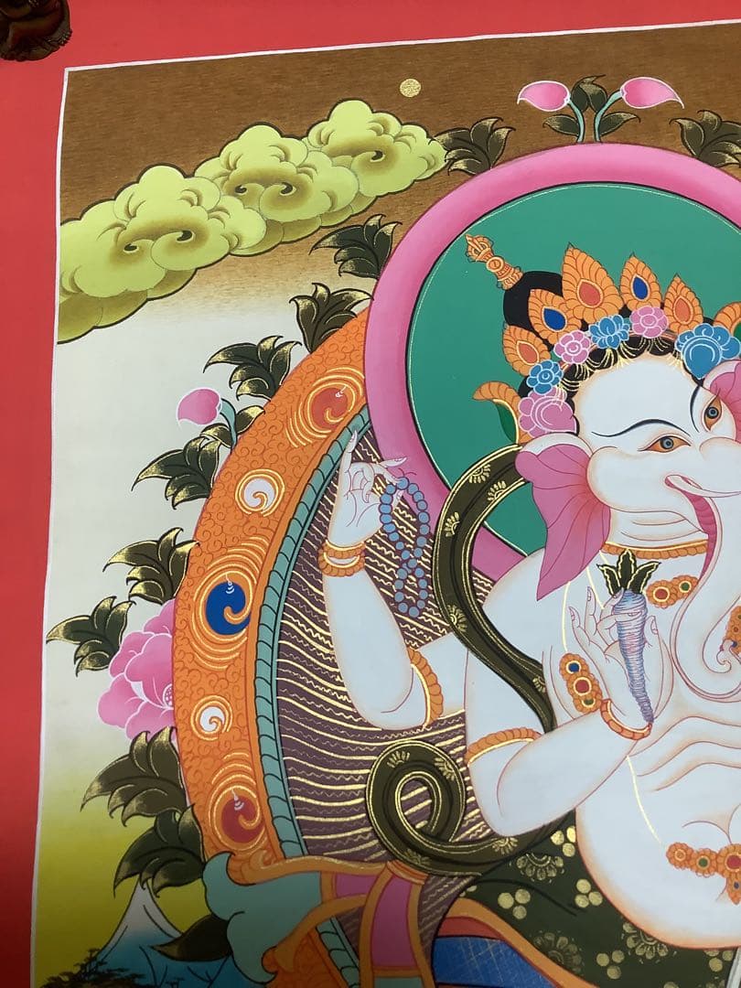 《 チベット密教　新品 》 ガネーシャ　タンカ　曼荼羅　手描き　1点物　金運