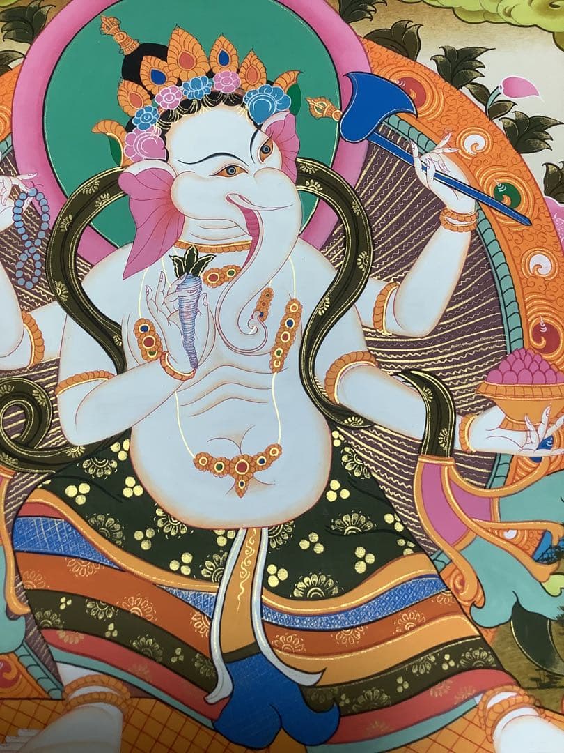 《 チベット密教　新品 》 ガネーシャ　タンカ　曼荼羅　手描き　1点物　金運