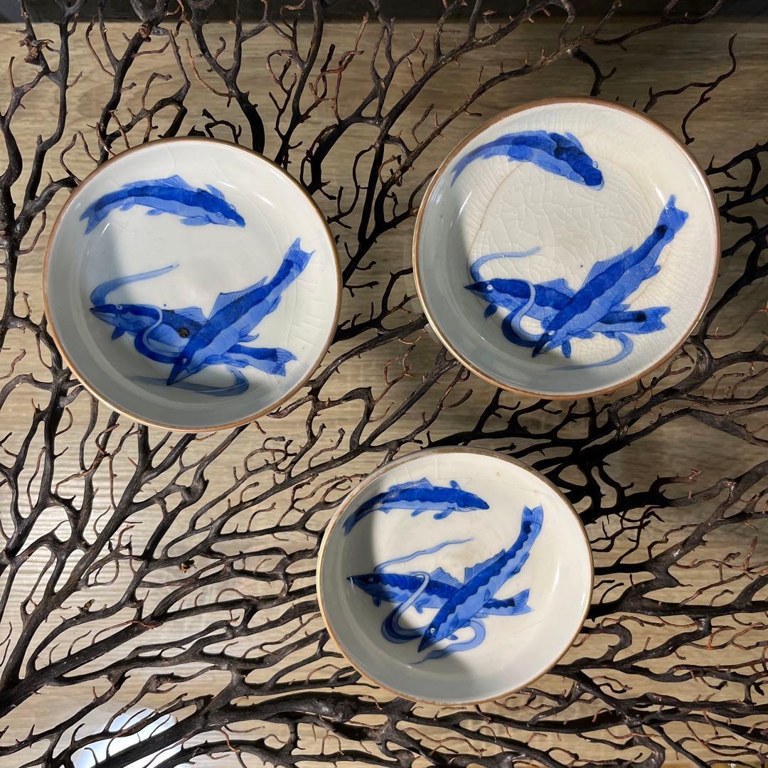 骨董　古伊万里　九谷　古染付　希少　鮎　遊魚　図案　豆皿　※難あり、参考品用