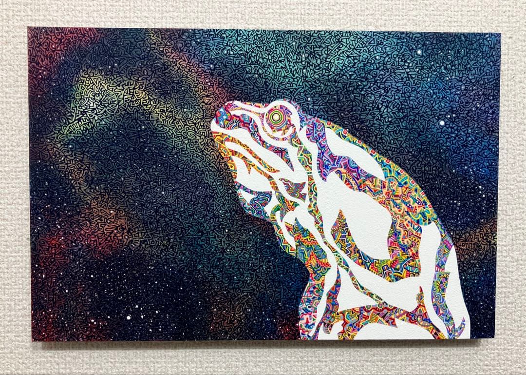 原画　蛙　動物画　絵画　アクリル画　現代アート　細密画　手描き　一点物