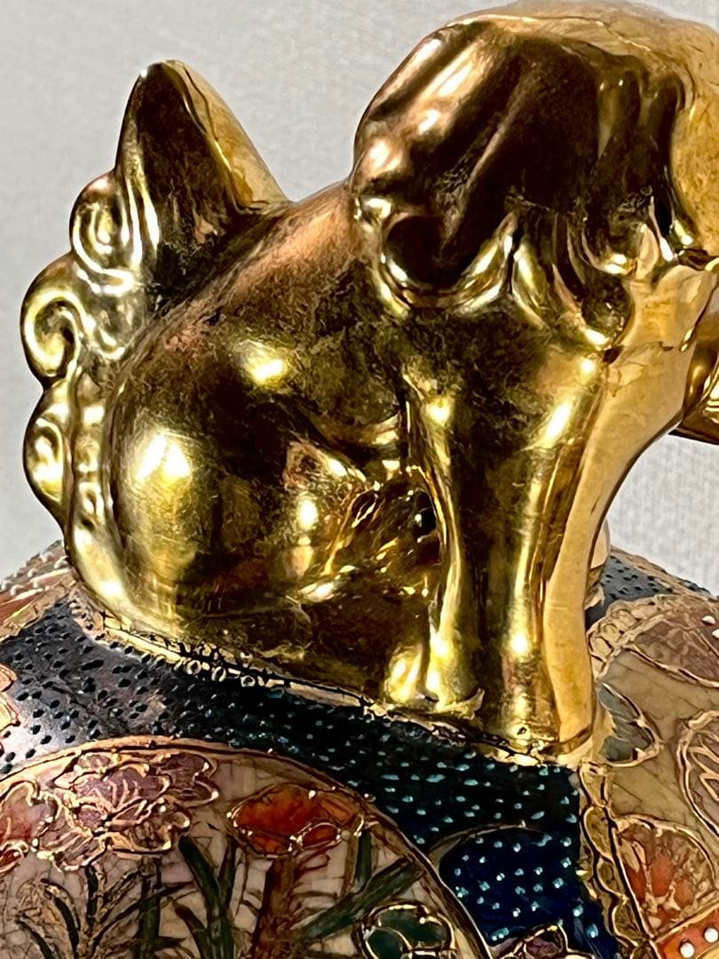 薩摩焼 特大三足香炉】金爛手 花詰図 金獅子 陶磁器 美術品