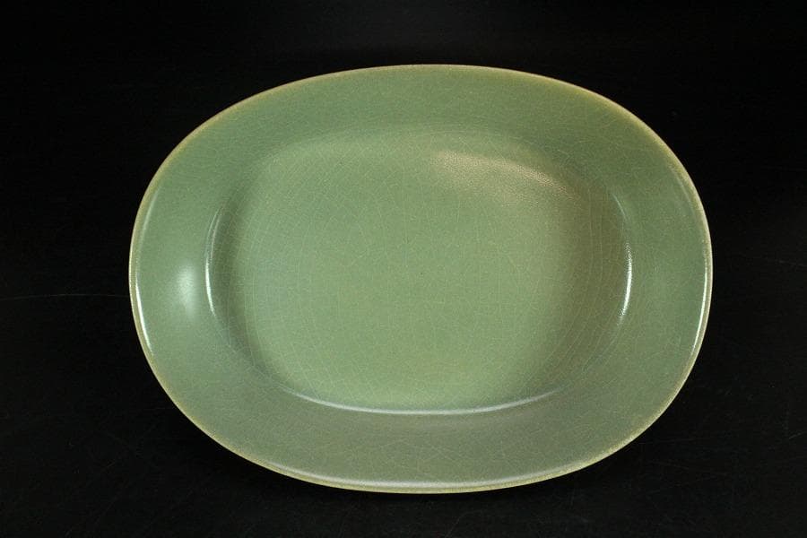 中国美術 青釉 楕円形 洗 碗 17.5cm(K-LC678)
