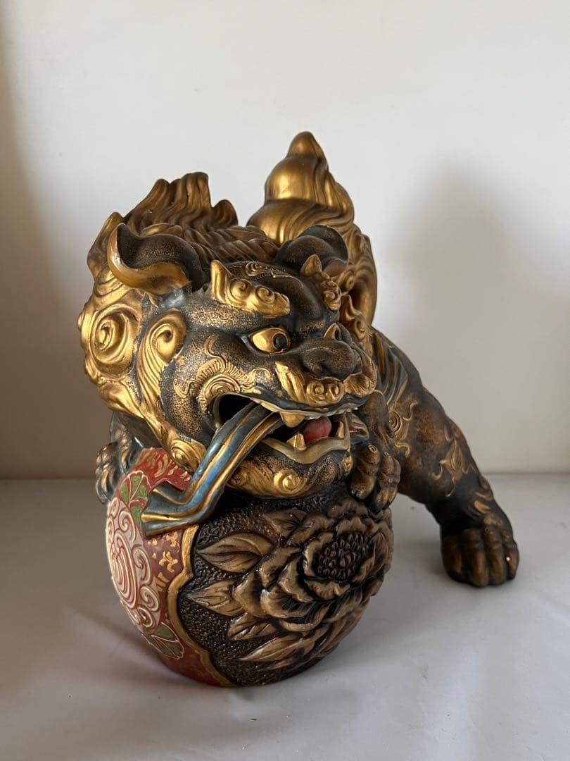 置物 色絵金彩 獅子置物 高30cm 貴重/西き—001