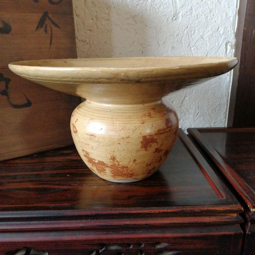 瀬戸焼　加藤作助　黄瀬戸薄端花瓶　31cm　明治〜昭和初期