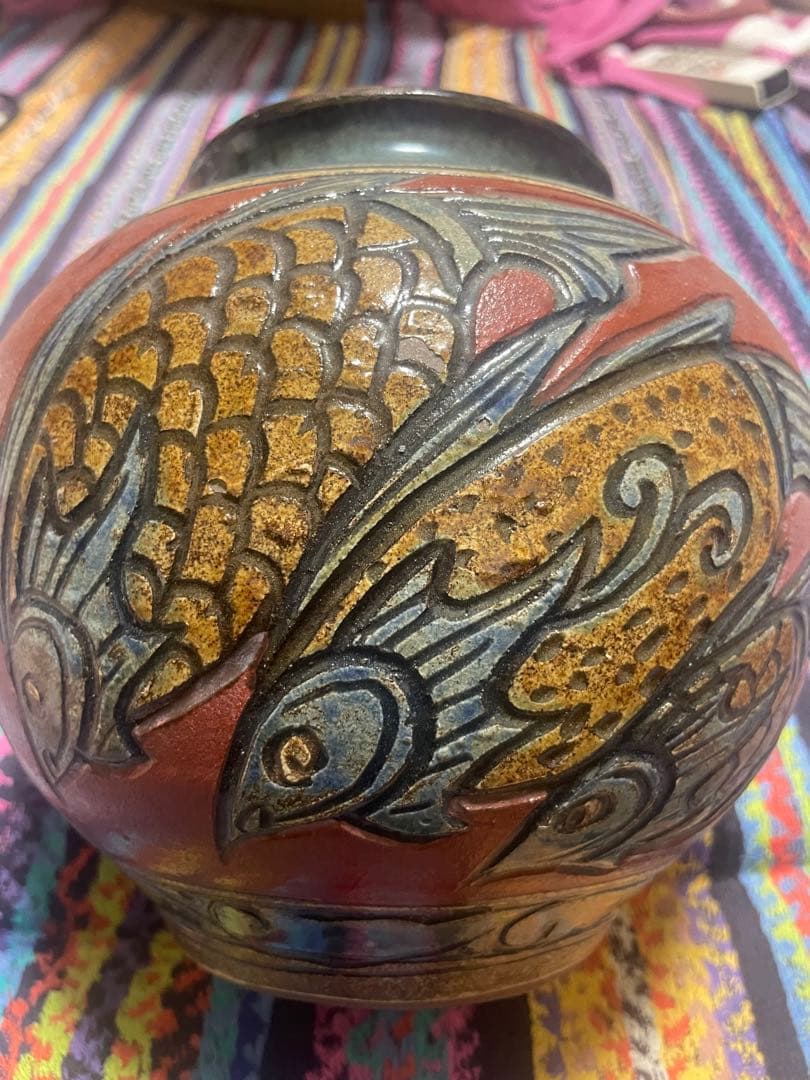 小橋川清正 壺屋焼 赤絵 魚紋 壷 花瓶 花入 花生 沖縄 ヤチムン