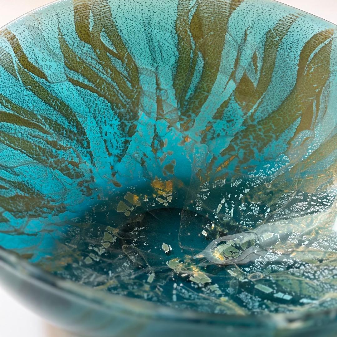 極美品 迫二郎 ガラスボウル 吹きガラス 銀箔 グリーン ガラス工芸品